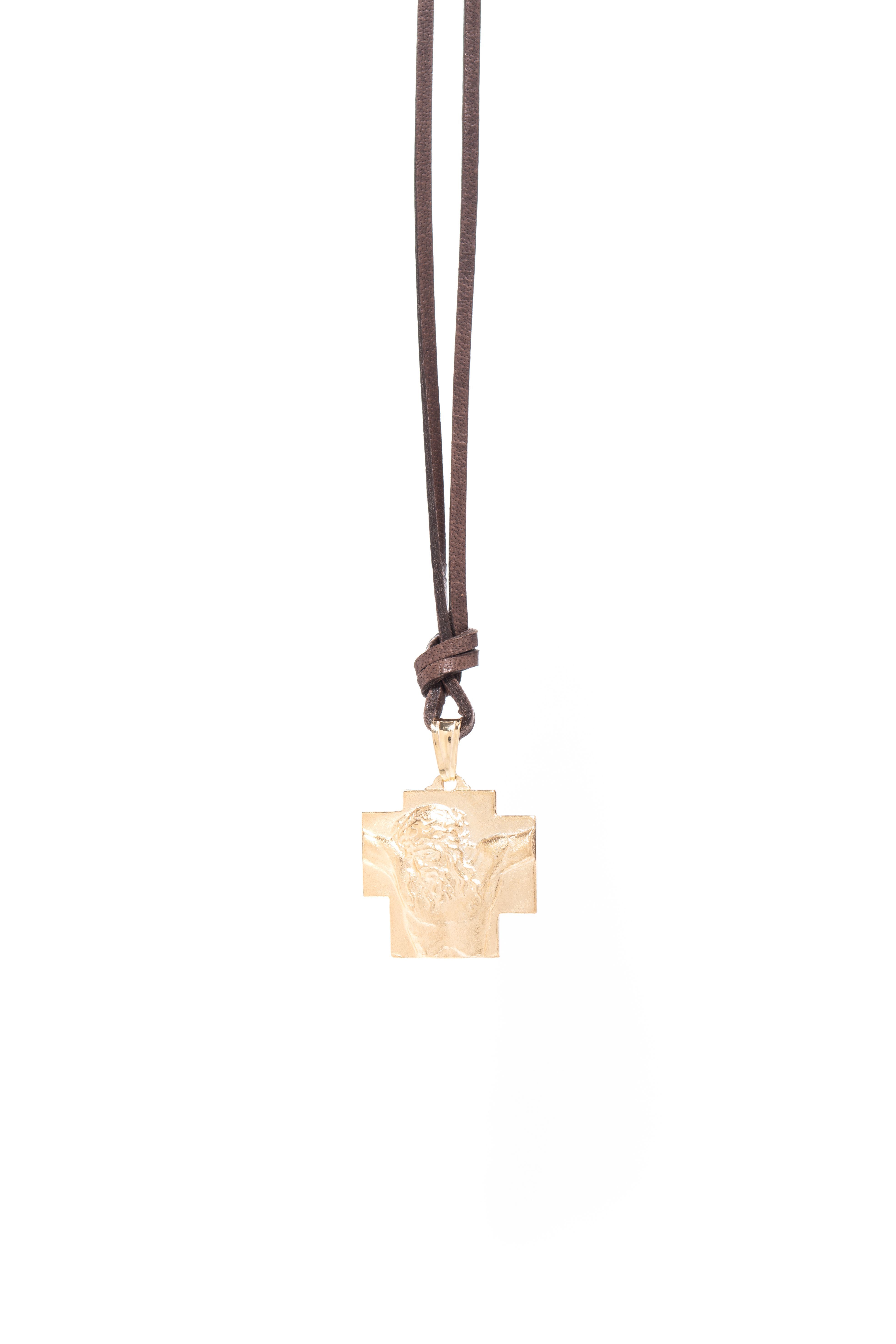  Collana Croce in argento 925° dorato con cordone marrone (AGI324-C MA)